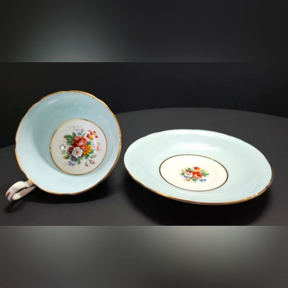 Vintage Ansley blue and white bone china teacup and saucer set floral design